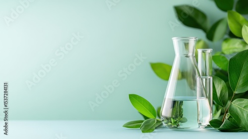 Laboratory glassware with green leaves for scientific research and botanical study