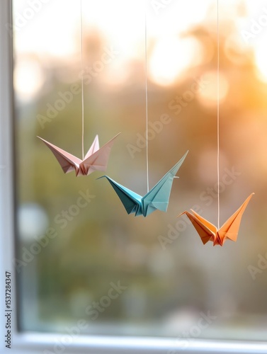 Origami birds hanging in window pastel colors soft light peaceful scene
