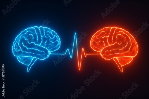 Neon illustration of two human brains in blue and red, connected by a heartbeat line, symbolizing the balance between emotions and logic in a creative visual representation, Brain research