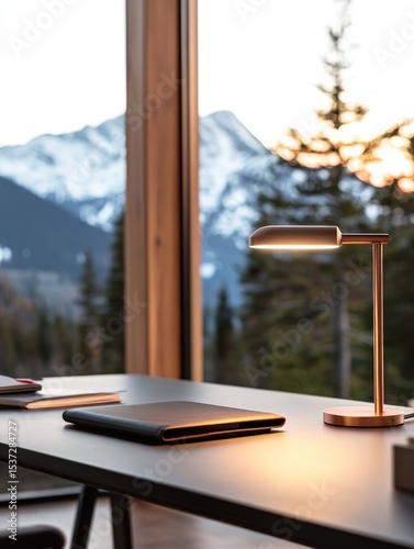 Modern desk lamp illuminating workspace with notebook and mountain view