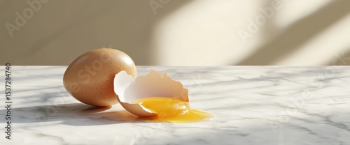 Broken egg yolk spilling on marble surface clean minimal food photography