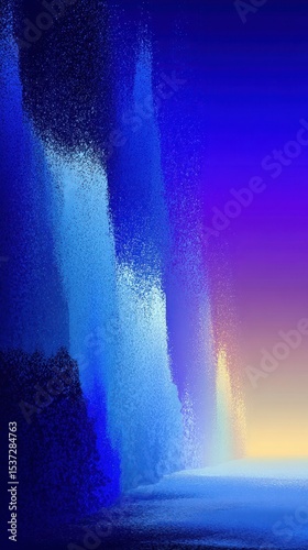 Vibrant abstract representation of cascading water with blue and purple hues at twilight