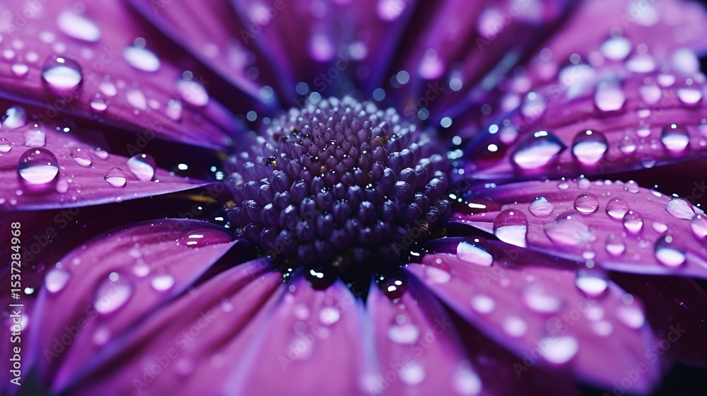 Obraz premium A soft-focus macro of a deep purple dahlia with tiny water droplets sparkling like jewels, background a gentle blend of dark teal and light grey, creating depth and drama.