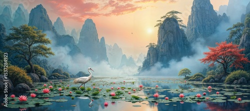 Chinese mountains, a graceful white crane in a lotus-filled river, lush blooms