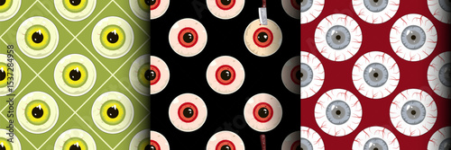 creepy crazy red eyeballs nail in it barbed wire around, original Halloween seamless pattern texture set collection