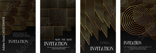 Luxury invitation, Elegant template, Card frame art deco flyer and square card set. Golden geometric gradient on black background. Premium design for gala, grand opening, party invitation, layout.