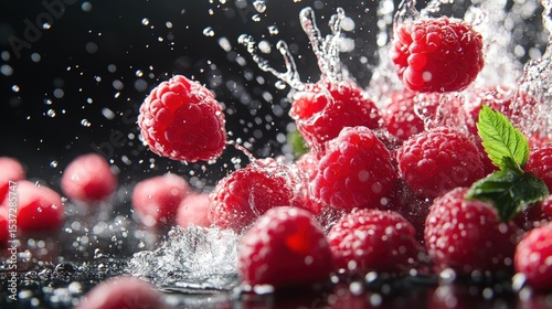 Red raspberries splashing in water closeup photography