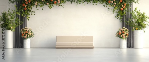 Beige bench minimalist interior with floral arrangements and white wall