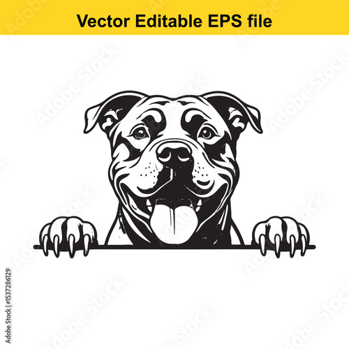 Grinning American Bully Dog Vector Illustration Graphic Design Pet Clipart with Paws Hanging Over a Line Black and White Logo for Printing and Embroidery