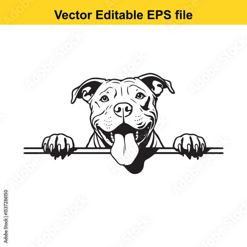Grinning American Bully Dog Vector Illustration Graphic Design Pet Clipart with Paws Hanging Over a Line Black and White Logo for Printing and Embroidery