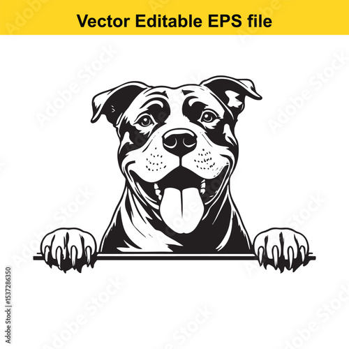 Grinning American Bully Dog Vector Illustration Graphic Design Pet Clipart with Paws Hanging Over a Line Black and White Logo for Printing and Embroidery