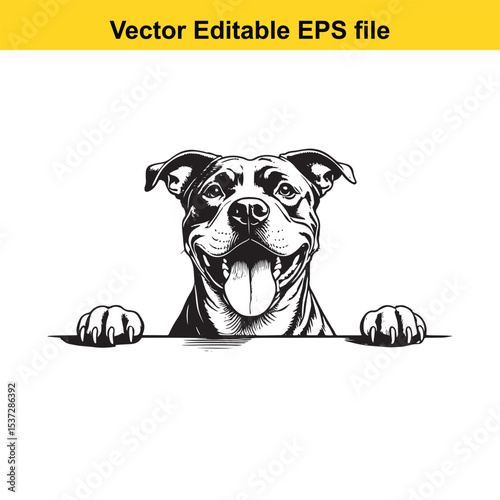Grinning American Bully Dog Vector Illustration Graphic Design Pet Clipart with Paws Hanging Over a Line Black and White Logo for Printing and Embroidery