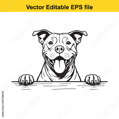 Grinning American Bully Dog Vector Illustration Graphic Design Pet Clipart with Paws Hanging Over a Line Black and White Logo for Printing and Embroidery