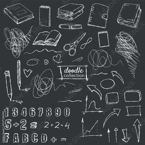 Hand-drawn set of school drawings and doodles with school supplies, lines, graphs, frames and arrows on a black background for the design of educational and creative projects.
