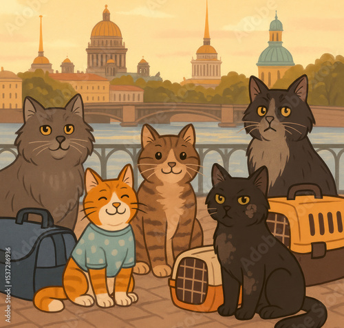 A warm-toned illustration of a group of cute cats against the backdrop of a recognizable St. Petersburg landscape. 
