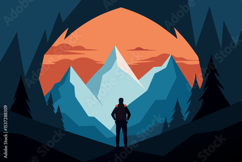 Silhouette of a man and woman in the mountains at sunset, a loving couple on a nature travel adventure