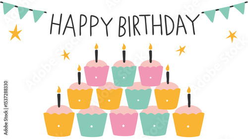 Happy birthday banner with cupcakes and candles and stars for a festive celebration image art design