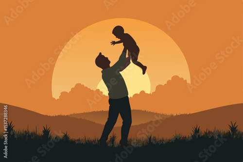 Golden sunset illuminates the silhouette of a woman and child enjoying the freedom of nature under a vibrant sky