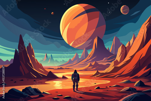 Mountain, beach, and desert sunsets glow across the natural landscape, with silhouettes of trees and palms against the night sky and a rising moon