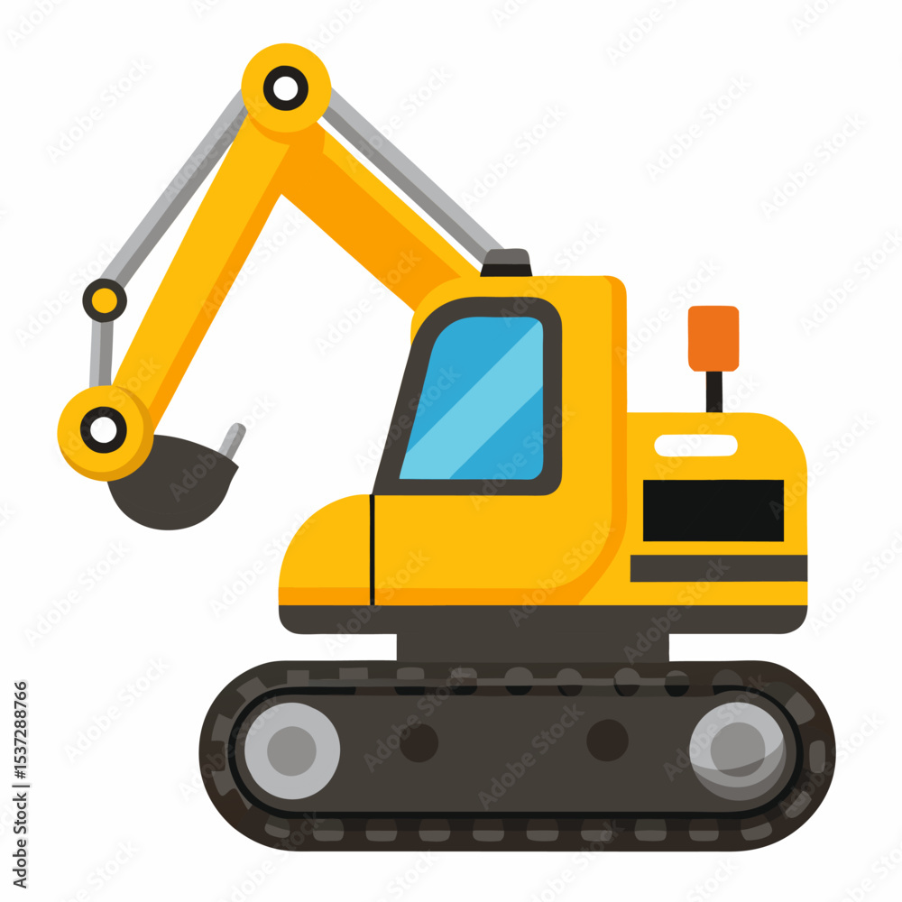 Cartoon excavator . Yellow construction machine with bucket and tracks in playful style. Great for children’s books, games, learning materials. Isolated vector illustration on a white backgraund. Cartoon excavator . Yellow construction machine with bucket and tracks in playful style. Great for children’s books, games, learning materials. Isolated vector illustration on a white backgraund.