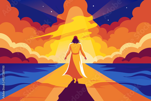 A solitary woman on the beach watches the sun set over the tropical ocean, her silhouette framed by palm trees against the orange sky