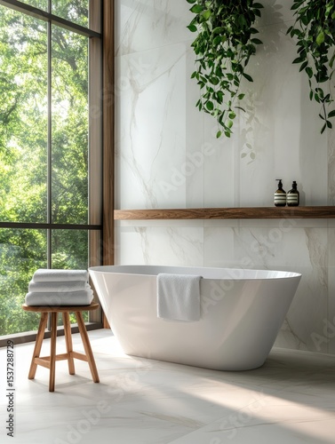 Modern bathroom design with freestanding bathtub and marble walls