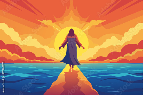 A beautiful woman in a flowing dress enjoys the freedom of the ocean at sunset