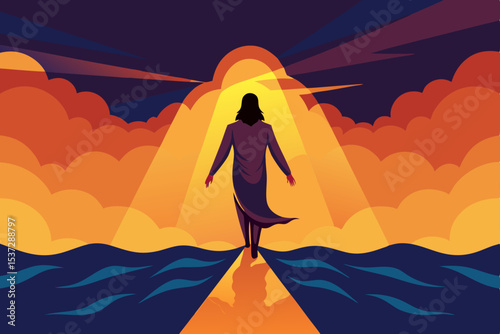 A beautiful woman in a flowing dress stands silhouetted against a vibrant orange sunset over a vast beach landscape with distant mountains, reflecting the sky and sun on the water
