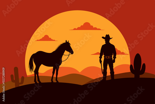 A camel silhouette against a vibrant desert sunset creates a striking landscape illustration