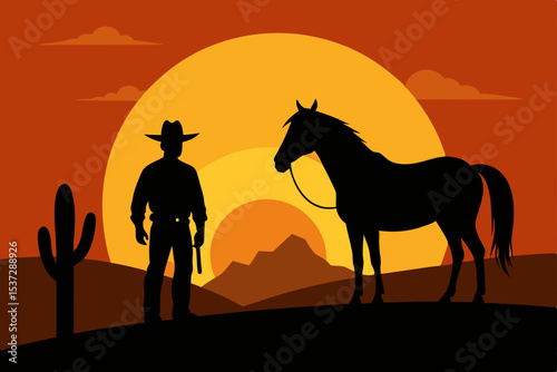 Western cowboy on horseback silhouette against a fiery desert sunset