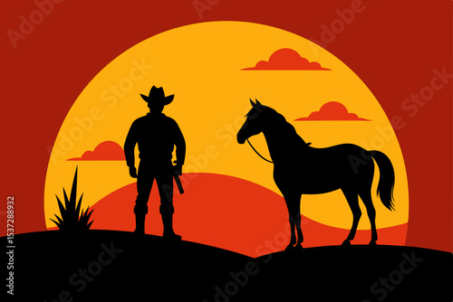 Wild horse silhouette at sunset in the desert, a striking black western illustration