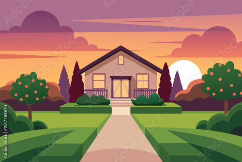 Warm summer sun dips below the horizon, casting a glow over a rural village landscape with houses, trees, and fields under a vast sky