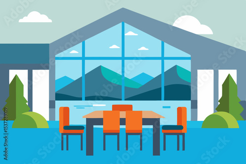 illustration of a house in the mountains with a contemporary dining room interior featuring wooden furniture and large windows