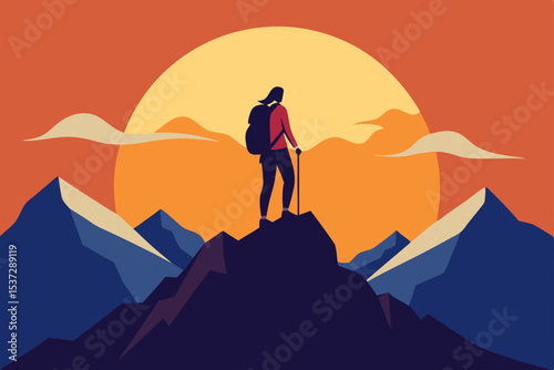 Man and woman silhouettes stand on a mountain at sunset, a serene nature landscape under an orange sky