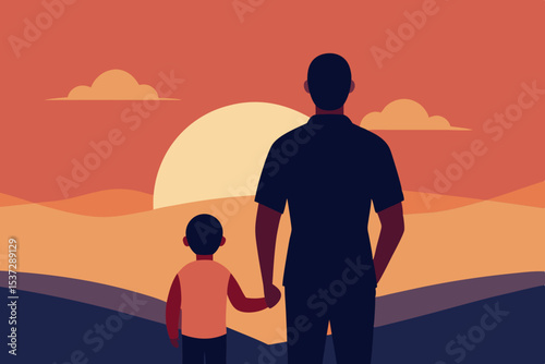 Silhouetted man and woman at sunset, hands clasped, symbolizing romantic love and family happiness on the beach