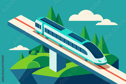 High-speed passenger train travel through the city, a vector illustration of modern transportation