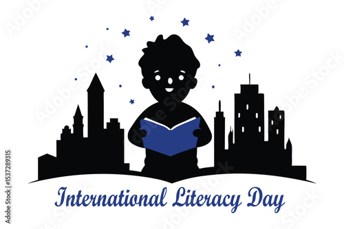 International Literacy Day Child Reading Book Silhouette with Future Cityscape – Symbolic Vector Illustration.