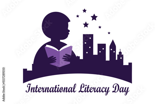 International Literacy Day Vector Art – Child Reading Book Silhouette with Future Cityscape Shadow