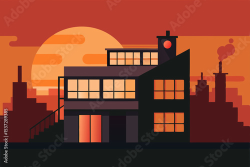 A set of industrial factory building silhouettes illustrating a city's urban skyline at night