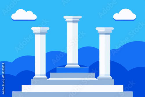 Antique marble Greek Doric columns stand as an architectural icon against a blue sky, evoking the grandeur of ancient temples and classical buildings