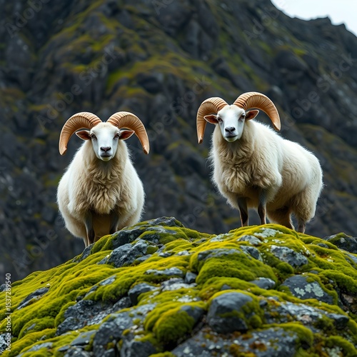 Two Icelandic sheep with large curled horns, photo