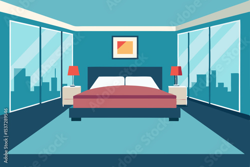 Modern interior design of a comfortable bedroom with a luxurious bed, furniture, and elegant decor creates a welcoming atmosphere in a home or hotel room