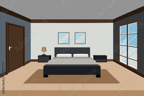 Modern bedroom interior with a luxurious double bed, elegant furniture, and a bright window, perfect for a stylish home or hotel