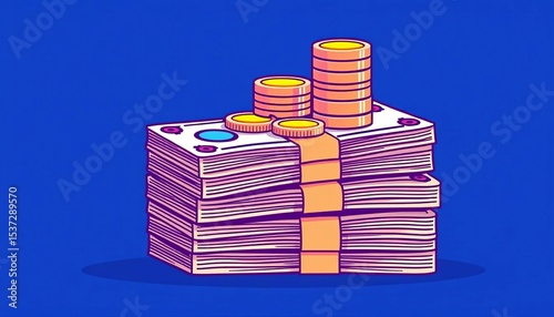 Line art illustration of a stack of banknotes with coins on top  ,   capital,  graphic