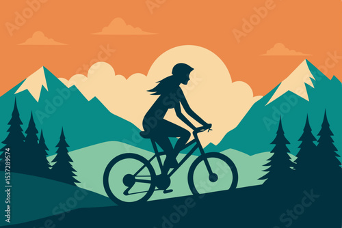 Silhouettes of cyclists, including a mountain biker and a girl on a bicycle, stand against the sky at sunset, capturing the adventure and sport of cycling