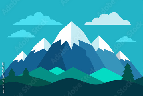 Mountain landscape vector illustration of nature's beauty with hills, snow-capped peaks, and a clear blue sky