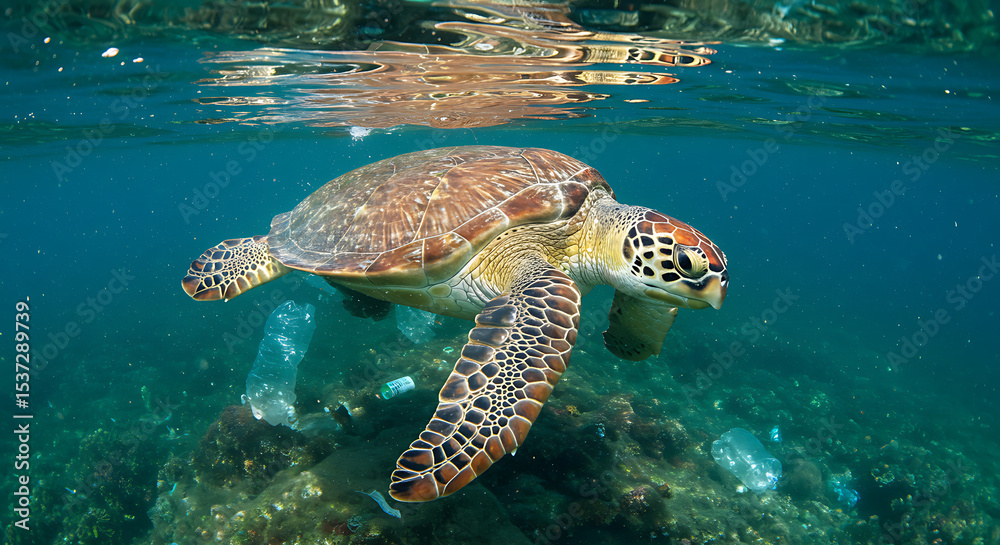 Obraz premium Sea Turtle Swimming Amidst Ocean Plastic Pollution A Critical Environmental Issue