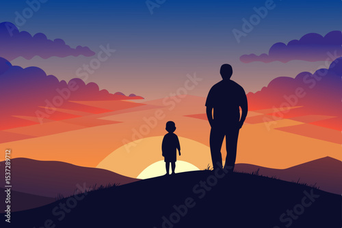 Sunset mountain silhouette with person hiking