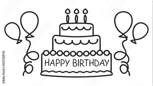 Illustration of a three tiered birthday cake with candles and balloons with happy birthday text design