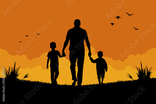 Father and son walk hand-in-hand against a fiery sunset, their silhouettes a testament to family love and happiness in nature's embrace
